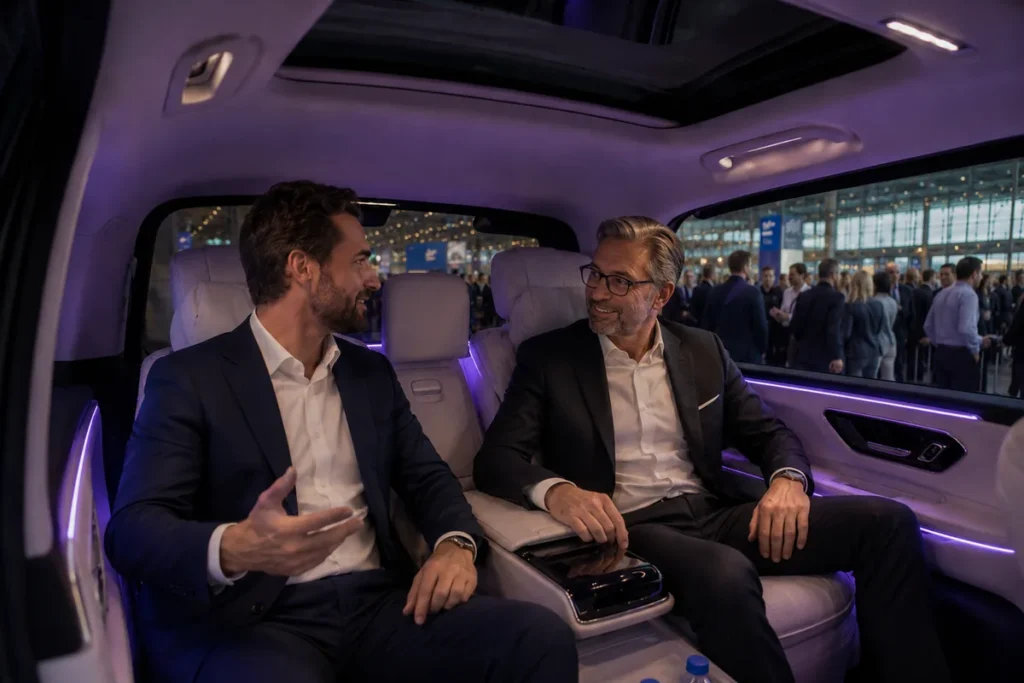 Zwei Geschäftsleute im Fond eines PRIMELANE Fahrzeugs vor der Messe München