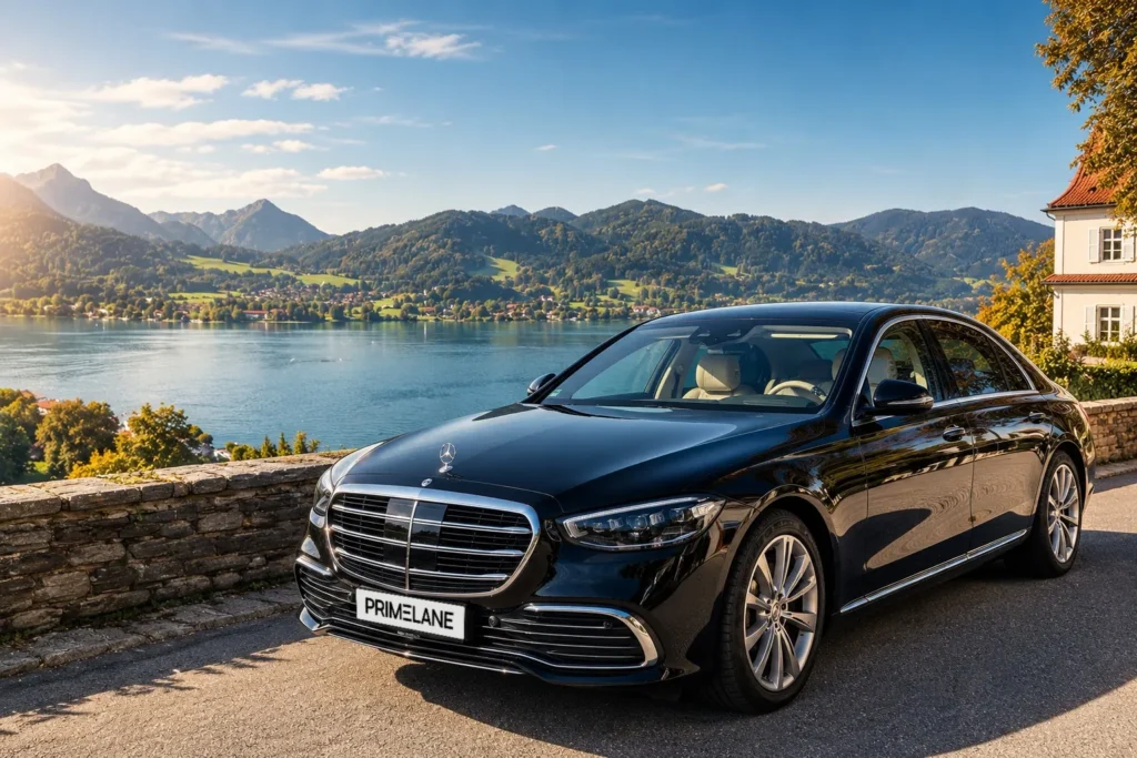 PRIMELANE Mercedes S-Klasse am Seeufer mit Alpenpanorama