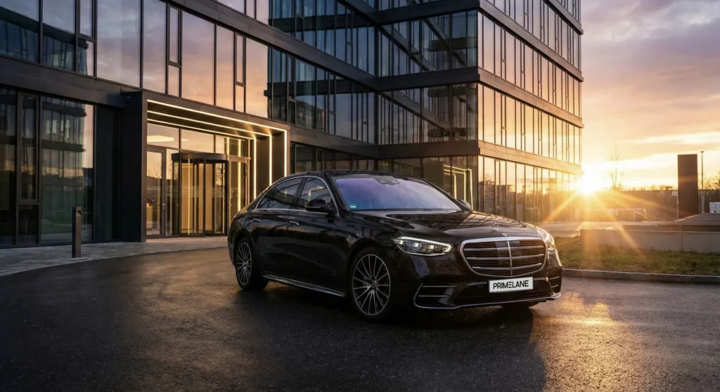 Mercedes S-Klasse von PRIMELANE vor einem Bürogebäude bei Sonnenuntergang