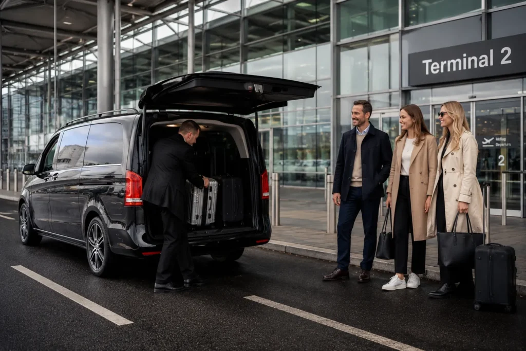 Chauffeur lädt Gepäck in die V-Klasse am Terminal 2 des Flughafens München