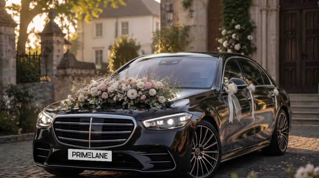 Geschmückte PRIMELANE Mercedes S-Klasse als Hochzeitsauto vor einer Kirche